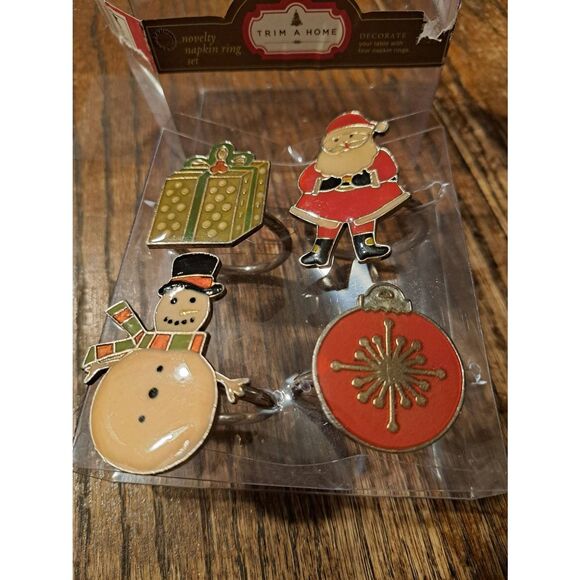 Trim-A-Home Christmas Holiday Napkin Rings Set 4 Holiday Novelty w Box Vintage - Picture 1 of 3